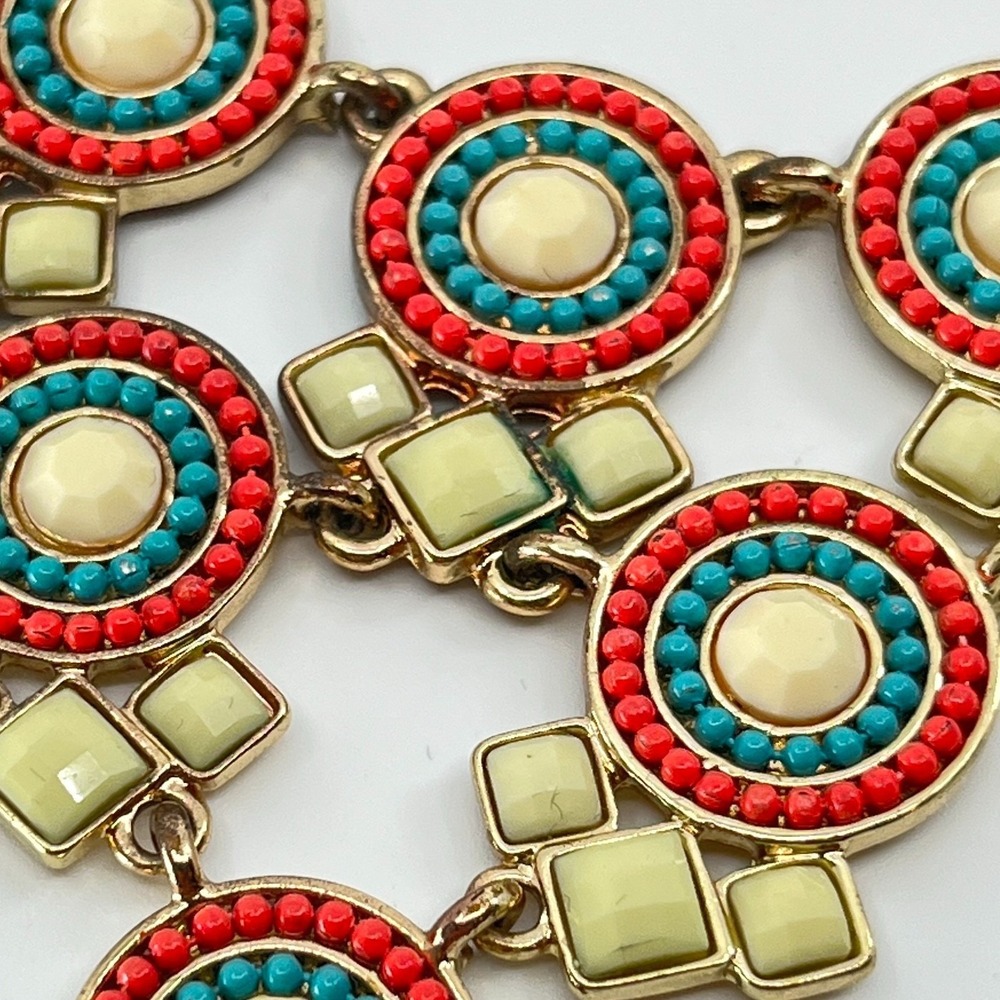 Vintage 80s Boho Geometric Statement Necklace Red Turquoise Color Gold Tone Bib - Picture 8 of 13